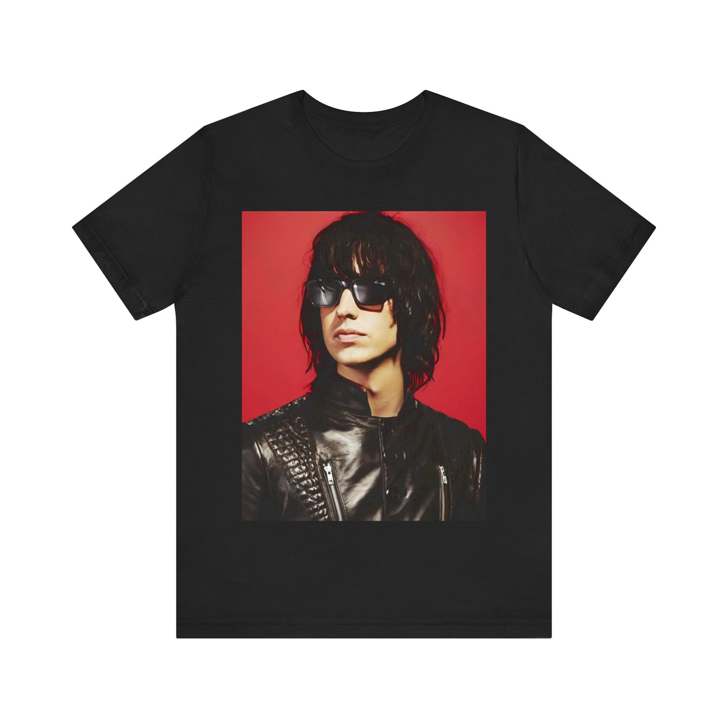 A black graphic t-shirt featuring a 2000s indie aesthetic graphic of Julian Casablancas from The Strokes.