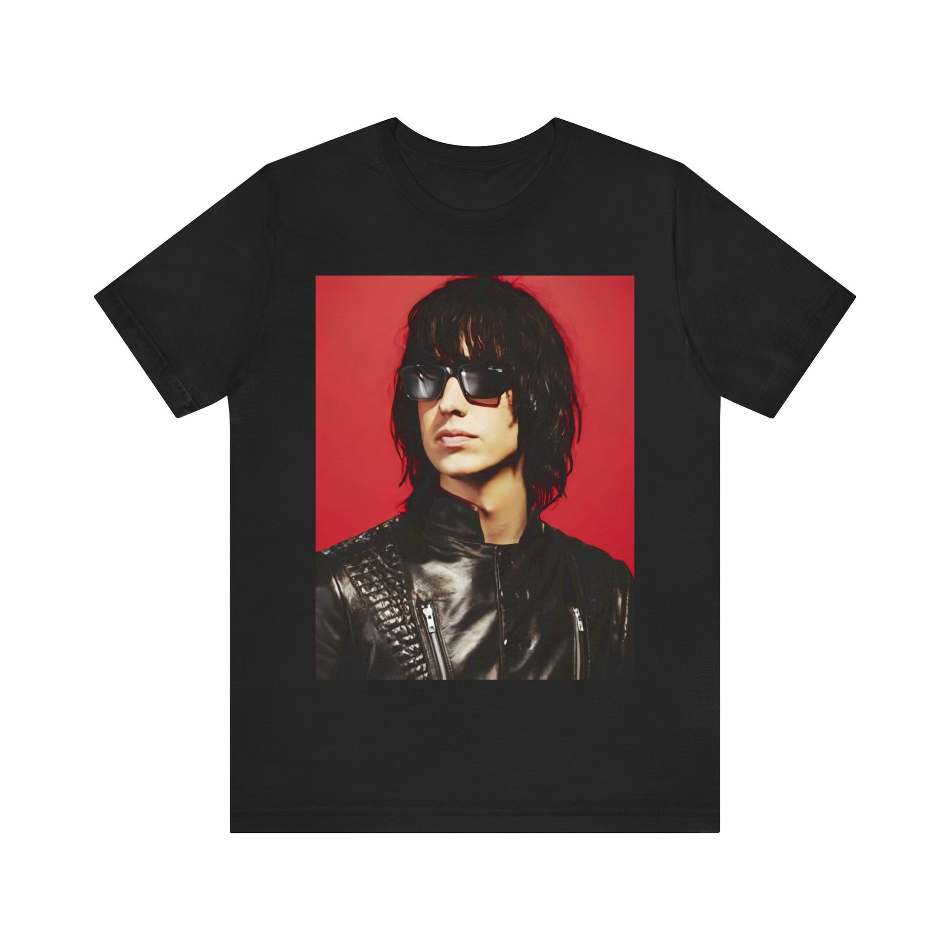 A black graphic t-shirt featuring a 2000s indie aesthetic graphic of Julian Casablancas from The Strokes.