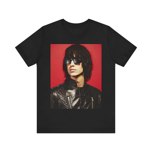A black graphic t-shirt featuring a 2000s indie aesthetic graphic of Julian Casablancas from The Strokes.