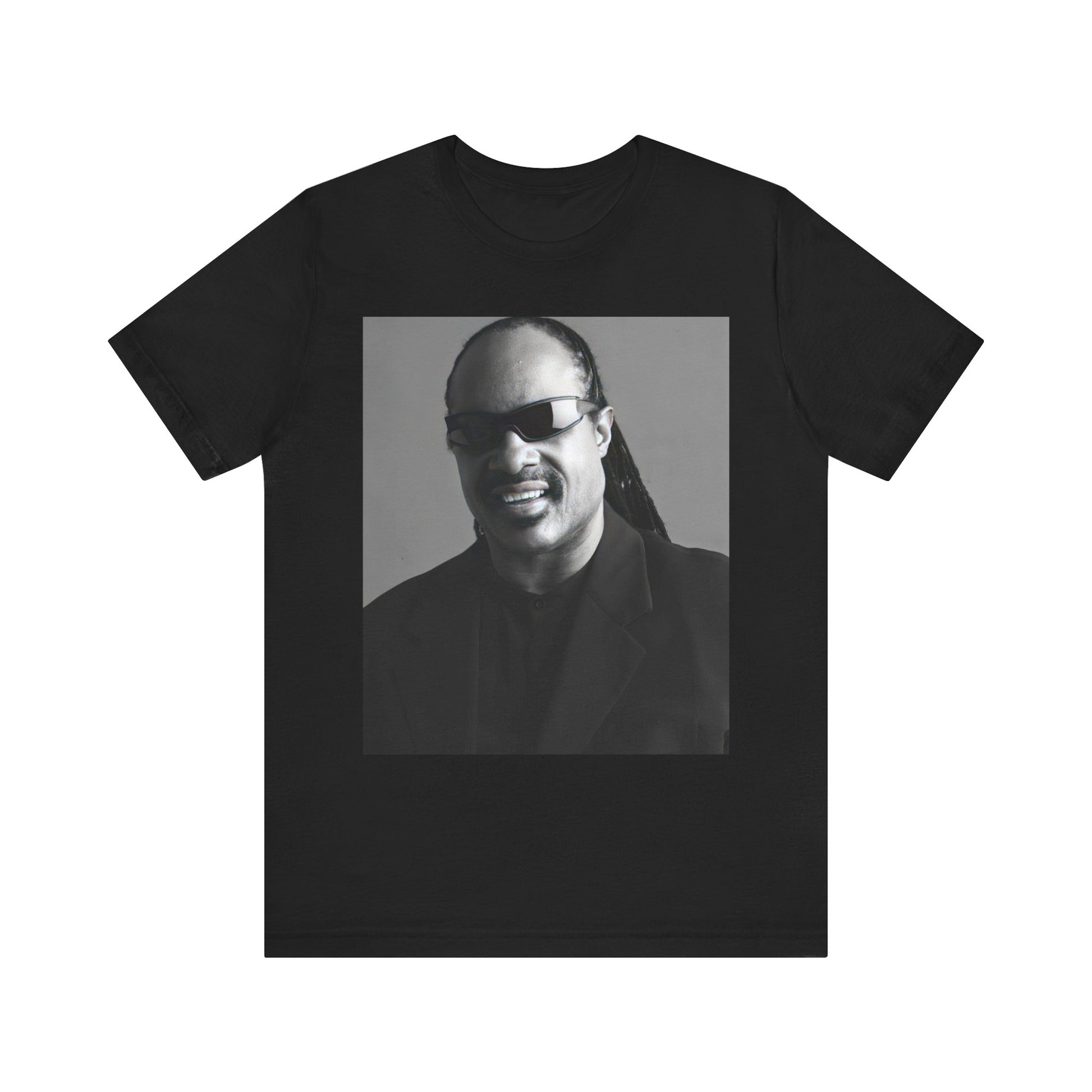 A black graphic t-shirt featuring a classic Motown legend black and white graphic of Stevie Wonder.