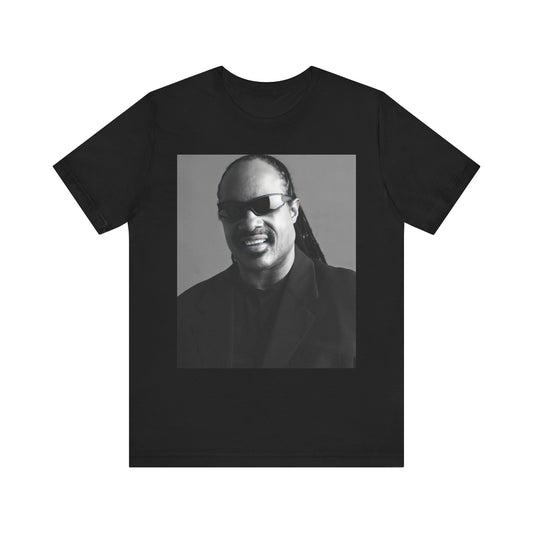 A black graphic t-shirt featuring a classic Motown legend black and white graphic of Stevie Wonder.