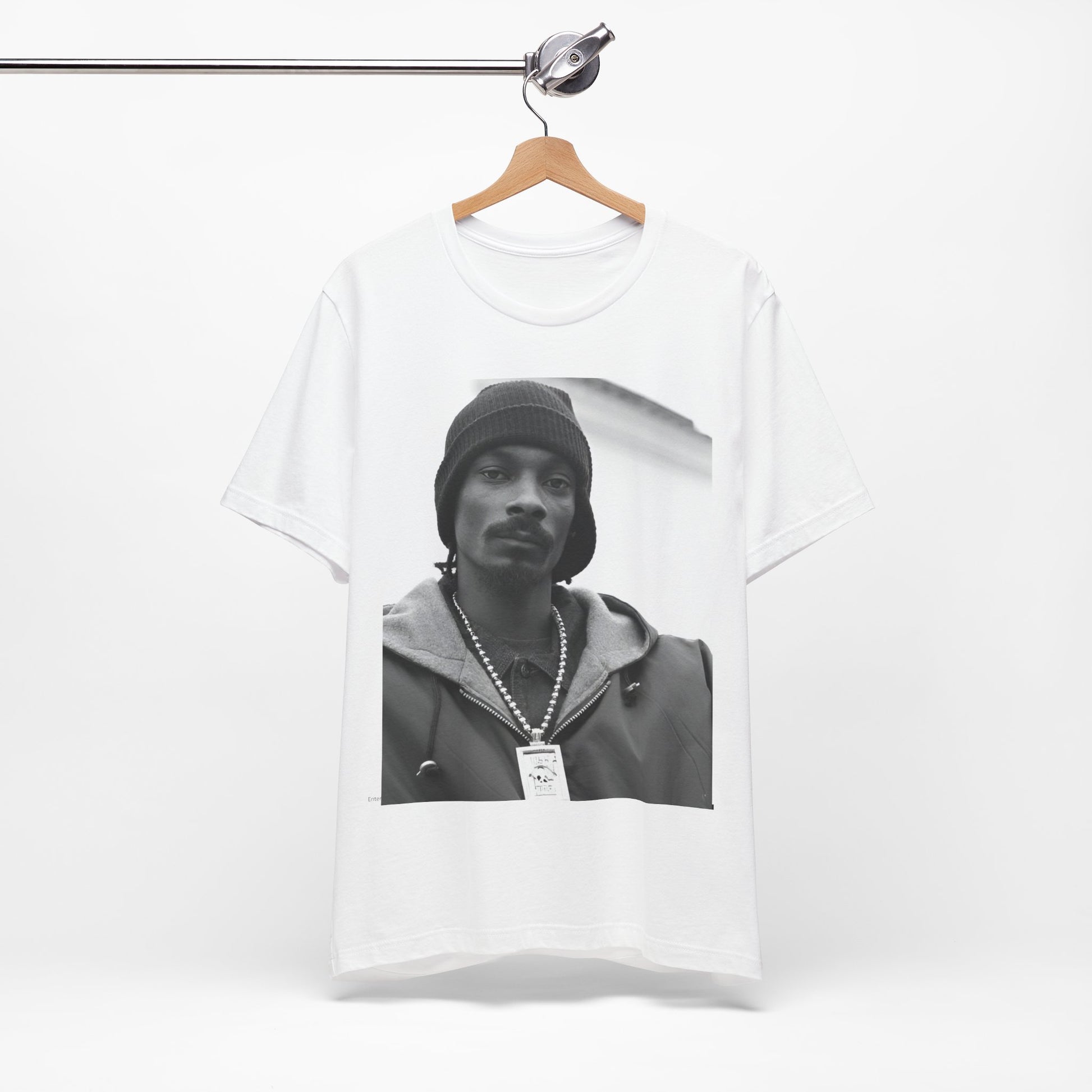 A black graphic t-shirt featuring a black and white, monochrome graphic of Snoop Dogg with an OG cool vibe.