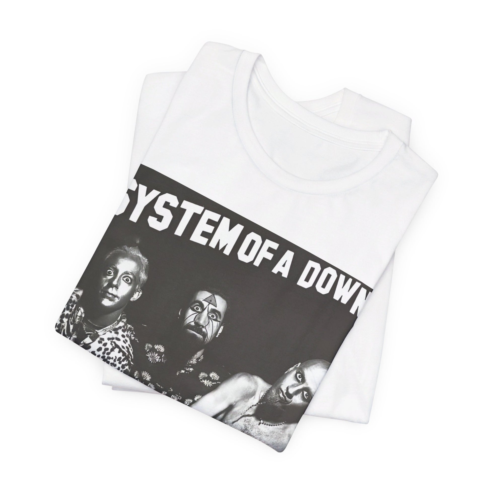 A black graphic t-shirt featuring a black and white graphic related to System of a Down's 'Chop Suey!' song or era.