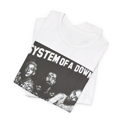 A black graphic t-shirt featuring a black and white graphic related to System of a Down's 'Chop Suey!' song or era.