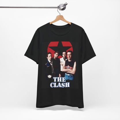 A black graphic t-shirt featuring a graphic related to The Clash's 'Should I Stay or Should I Go' song or era.
