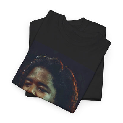 A black graphic t-shirt featuring a graphic or photo of Barry White from the 1970s disco era, possibly performing in concert.