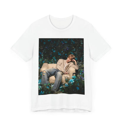 A black graphic t-shirt featuring an aesthetic graphic of Jimin in a K-Pop style.