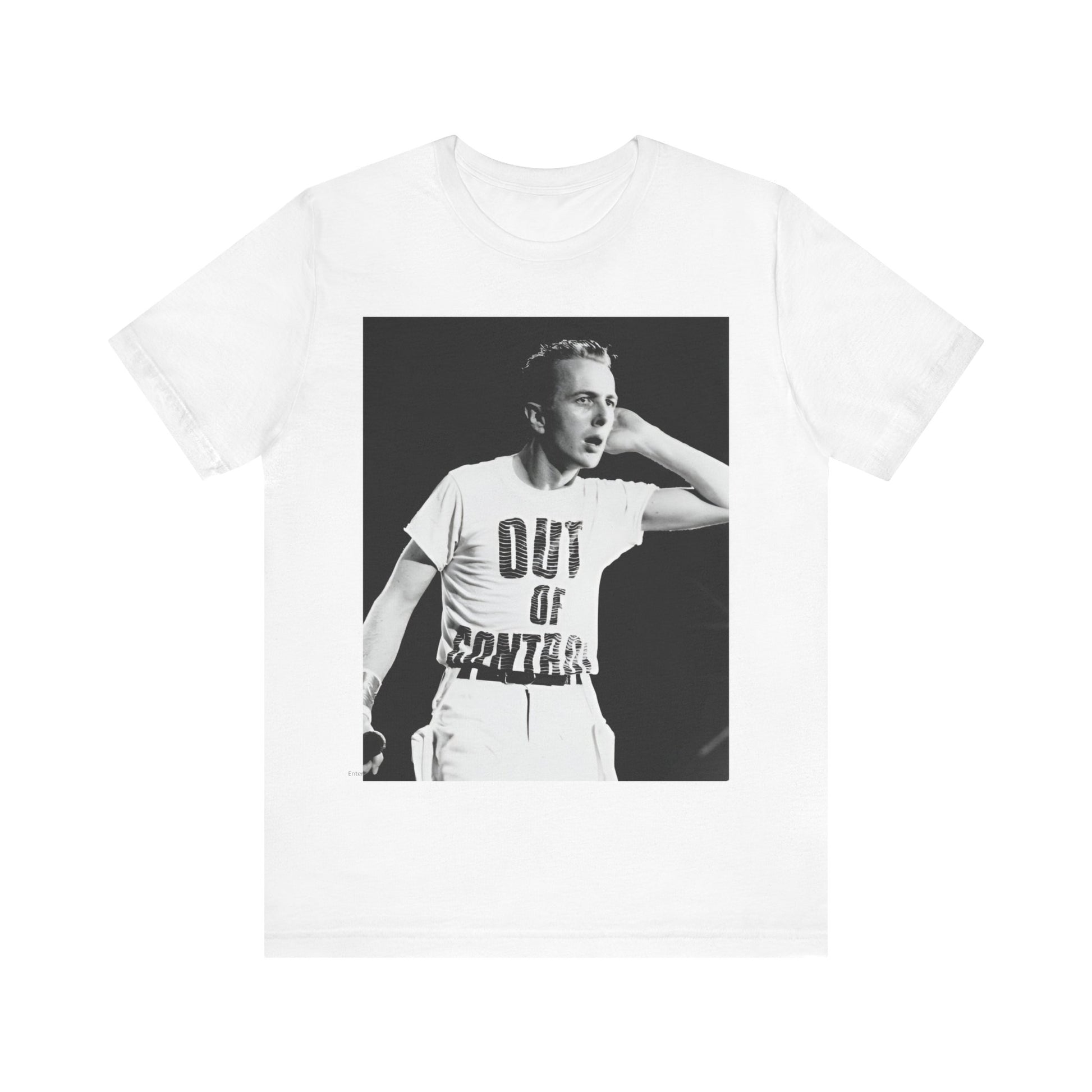 A black graphic t-shirt featuring a black and white graphic or photo portrait of Joe Strummer from The Clash.
