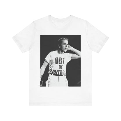 A black graphic t-shirt featuring a black and white graphic or photo portrait of Joe Strummer from The Clash.