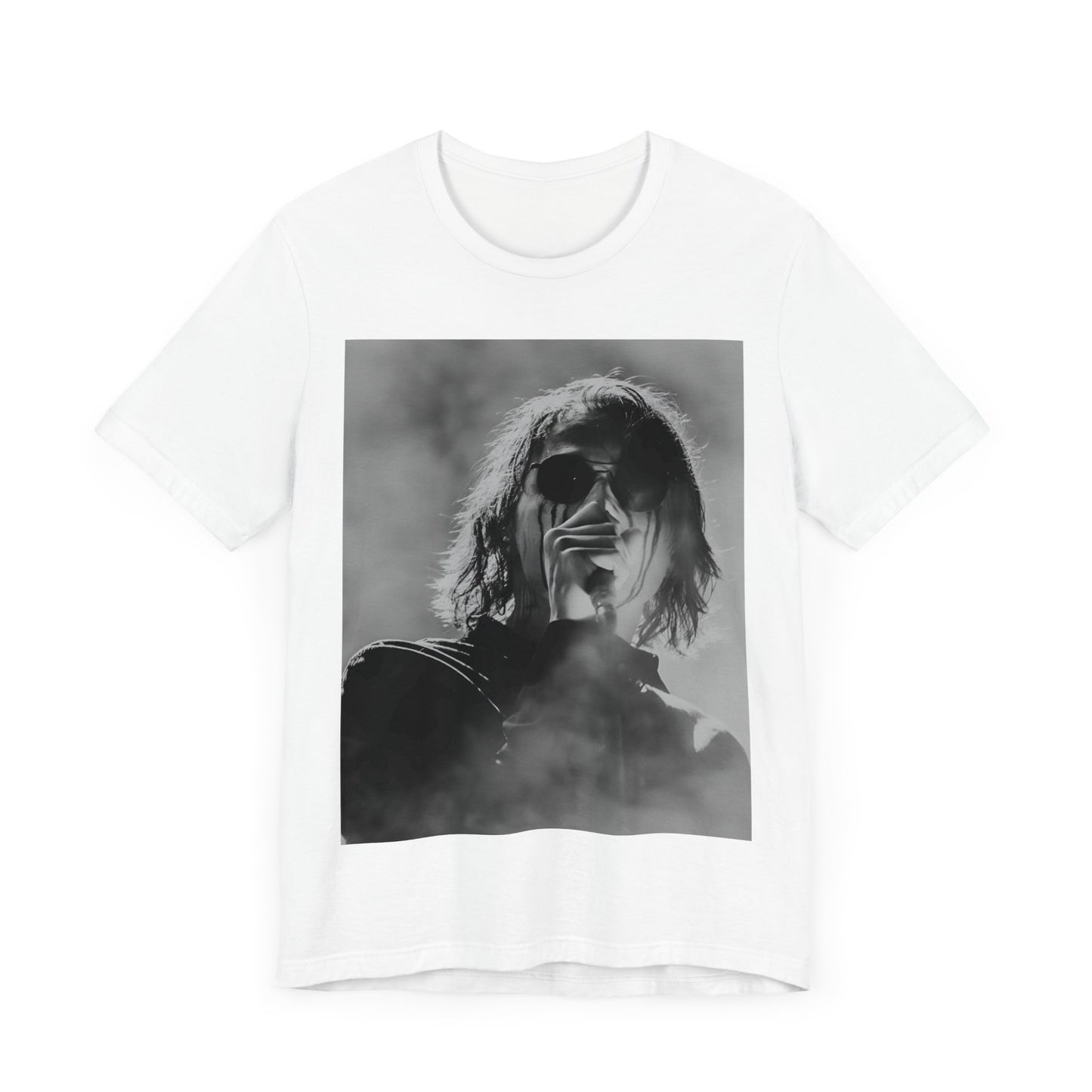 A black graphic t-shirt featuring a black and white, monochrome graphic or photo of My Chemical Romance.