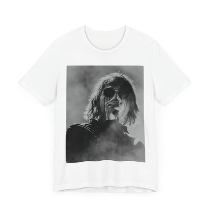 A black graphic t-shirt featuring a black and white, monochrome graphic or photo of My Chemical Romance.