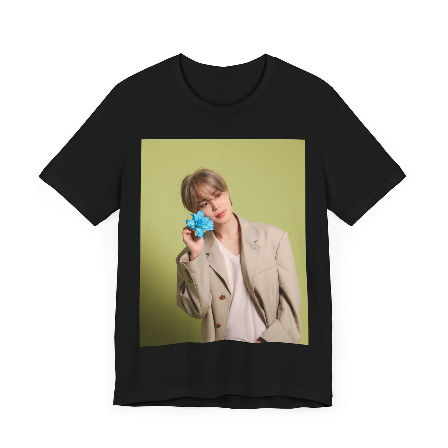 A black graphic t-shirt featuring a vintage K-Pop aesthetic graphic of Jimin.