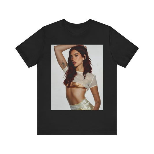 A black graphic t-shirt featuring a minimal graphic of Dua Lipa.