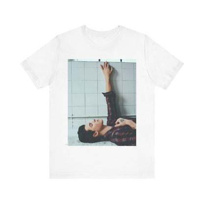A black graphic t-shirt featuring a bold graphic of Shawn Mendes as a superstar.