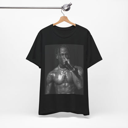 A black graphic t-shirt featuring an underground hip hop graphic of Travis Scott.