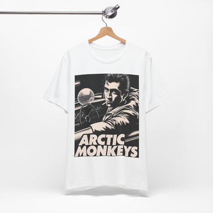 A black graphic t-shirt featuring a graphic of Arctic Monkeys from the 2000s, evoking an indie rock aesthetic.