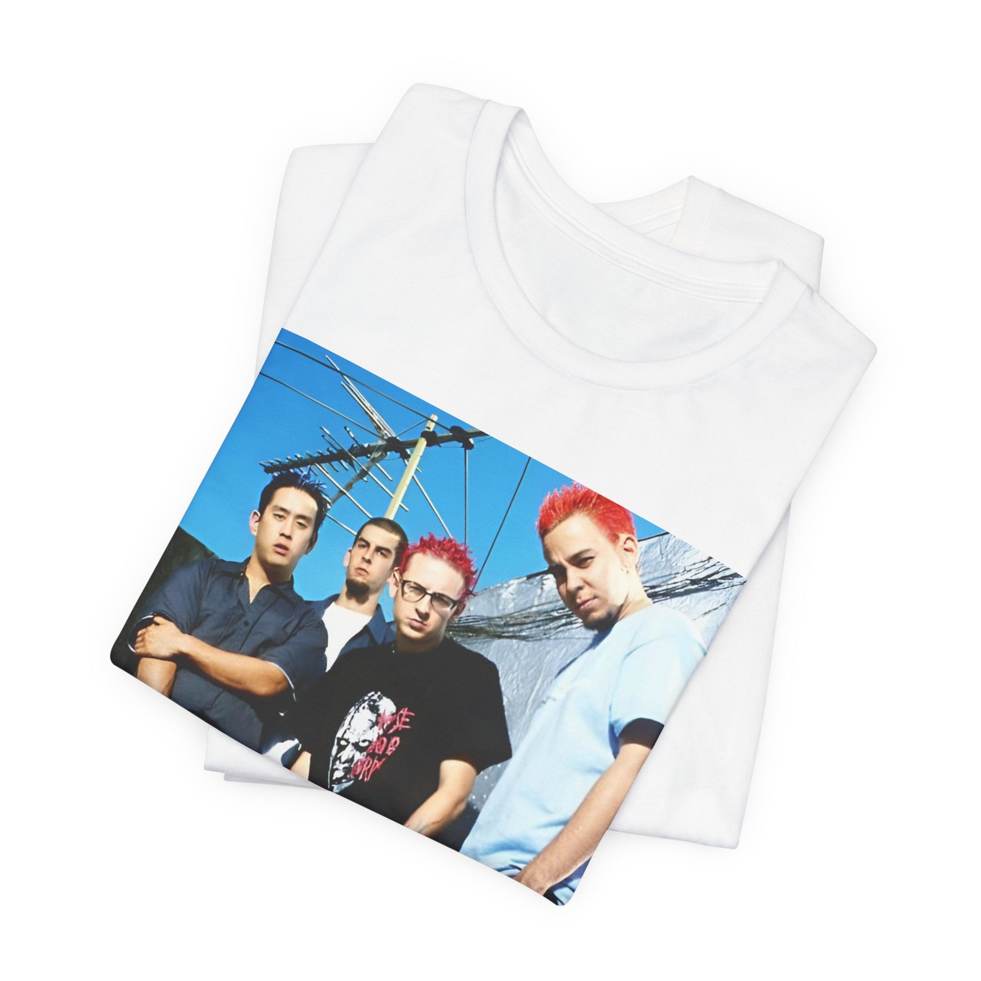 A black graphic t-shirt featuring a graphic of Linkin Park as a global nu rock phenomenon.