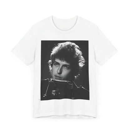 A black graphic t-shirt featuring a graphic of Bob Dylan from the 60s playing his harmonica.
