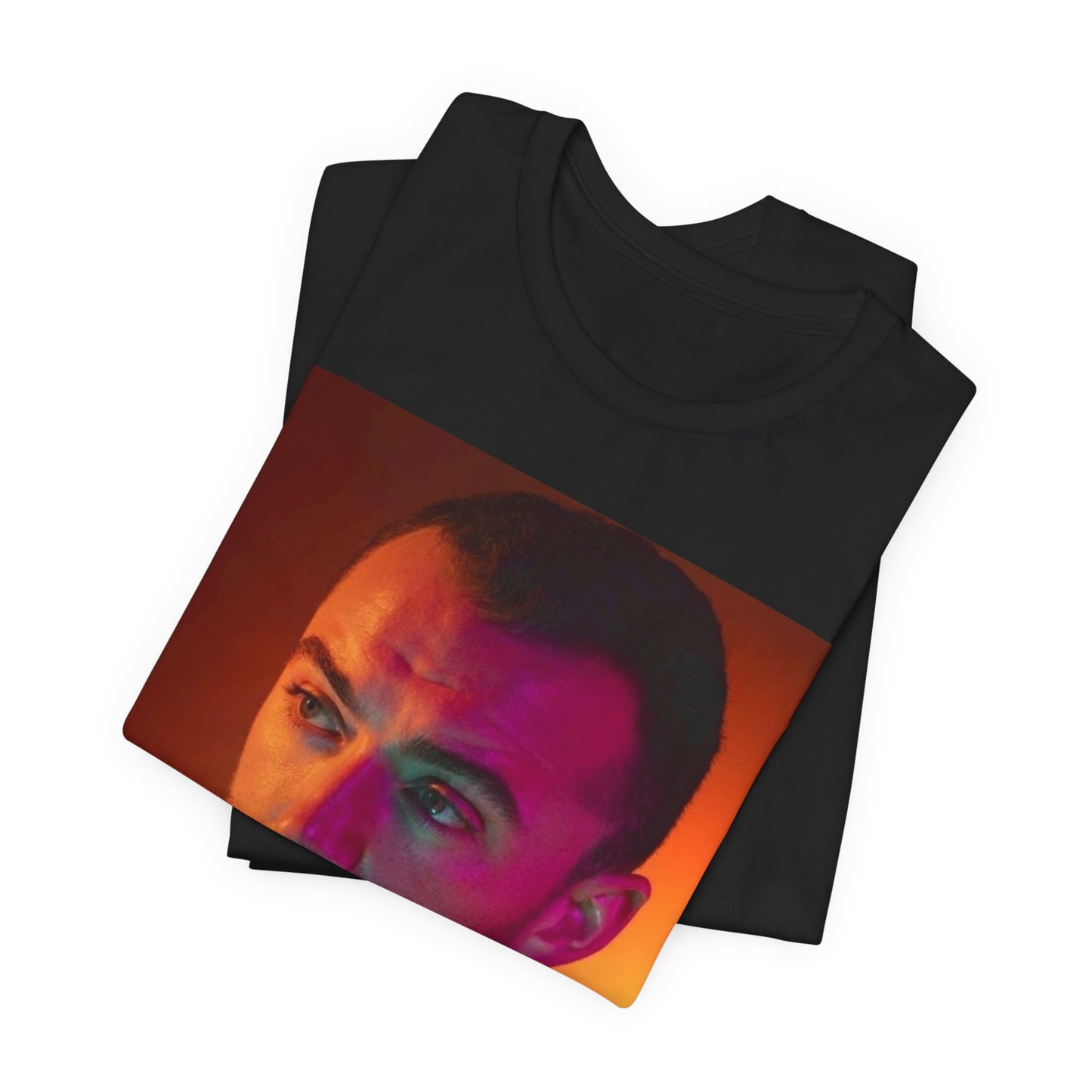 A black graphic t-shirt featuring a colorful portrait graphic of Sam Smith.