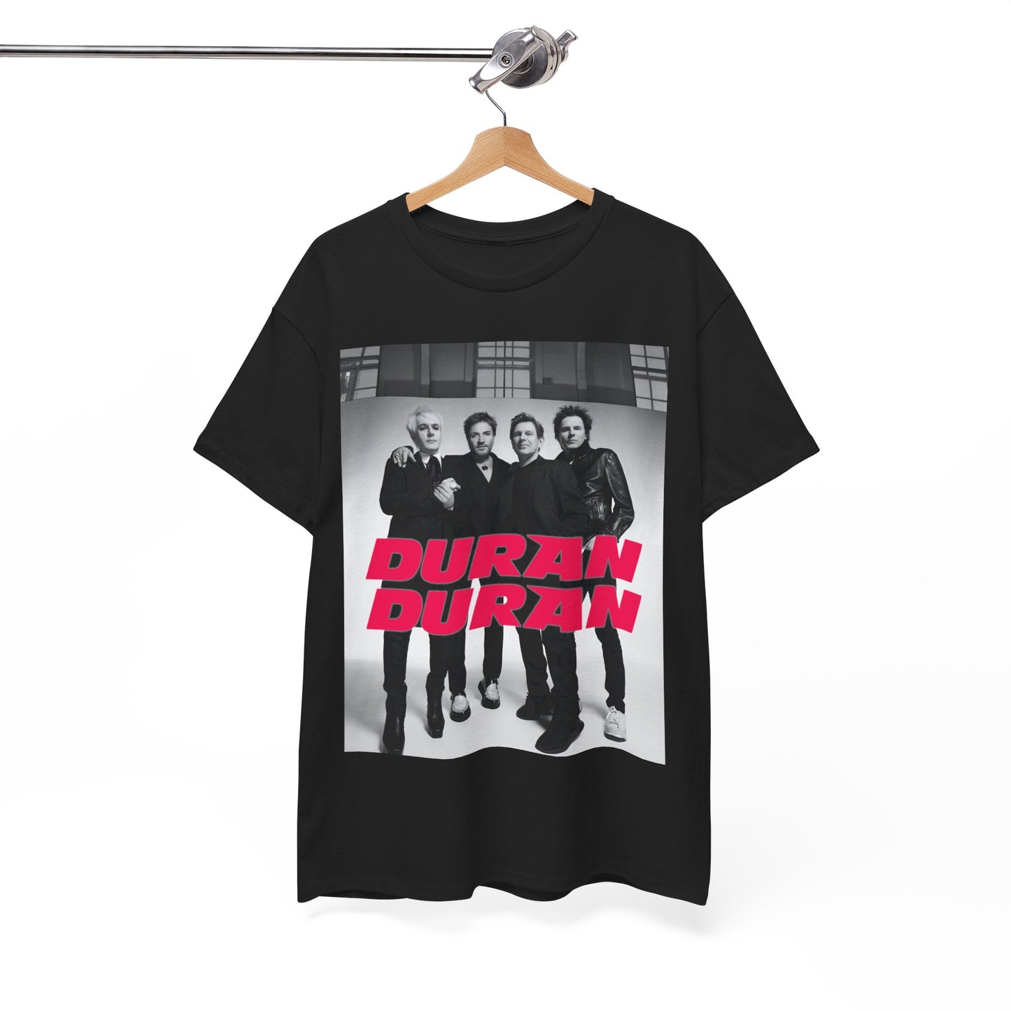 A black graphic t-shirt featuring a glam pop aesthetic graphic of Duran Duran.