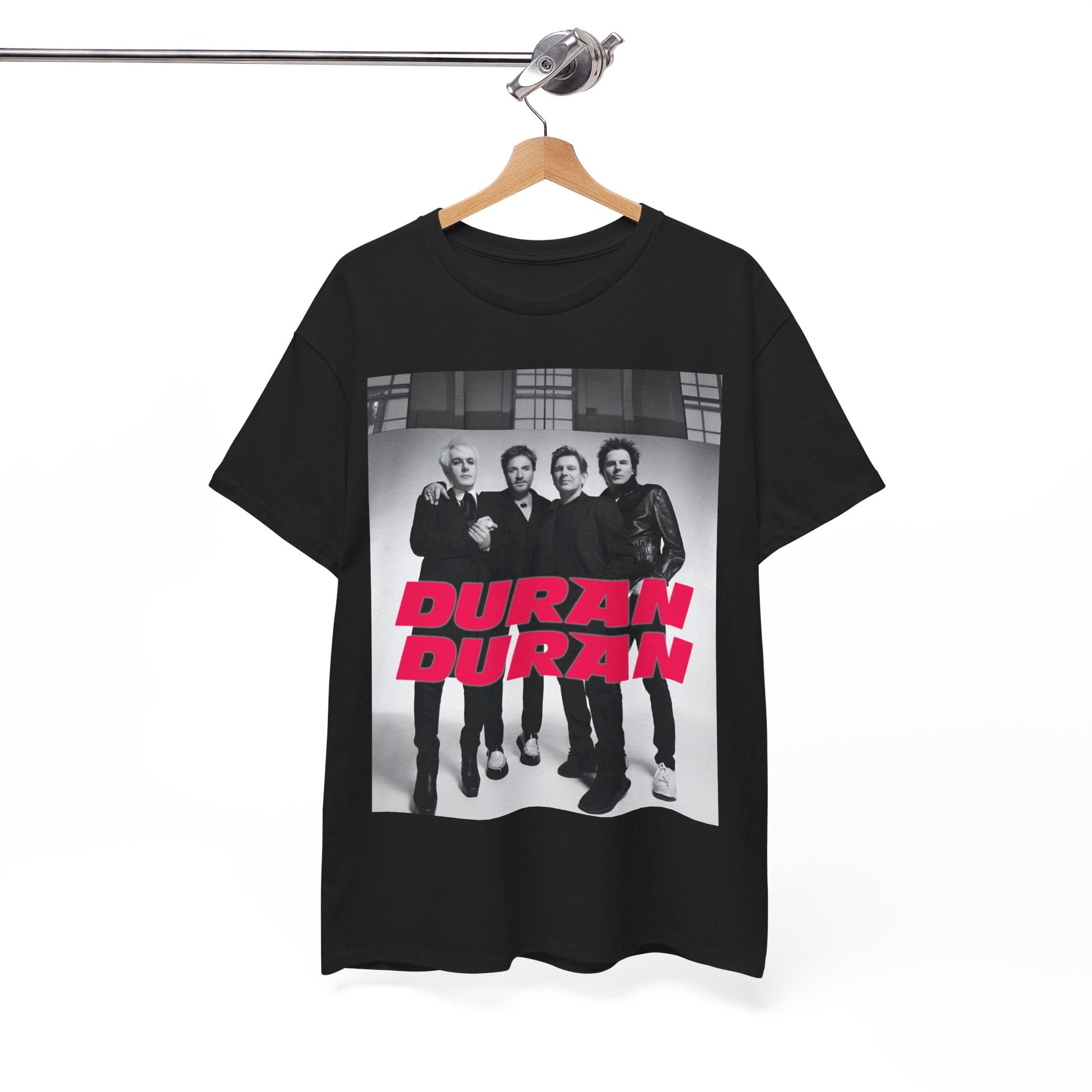A black graphic t-shirt featuring a glam pop aesthetic graphic of Duran Duran.
