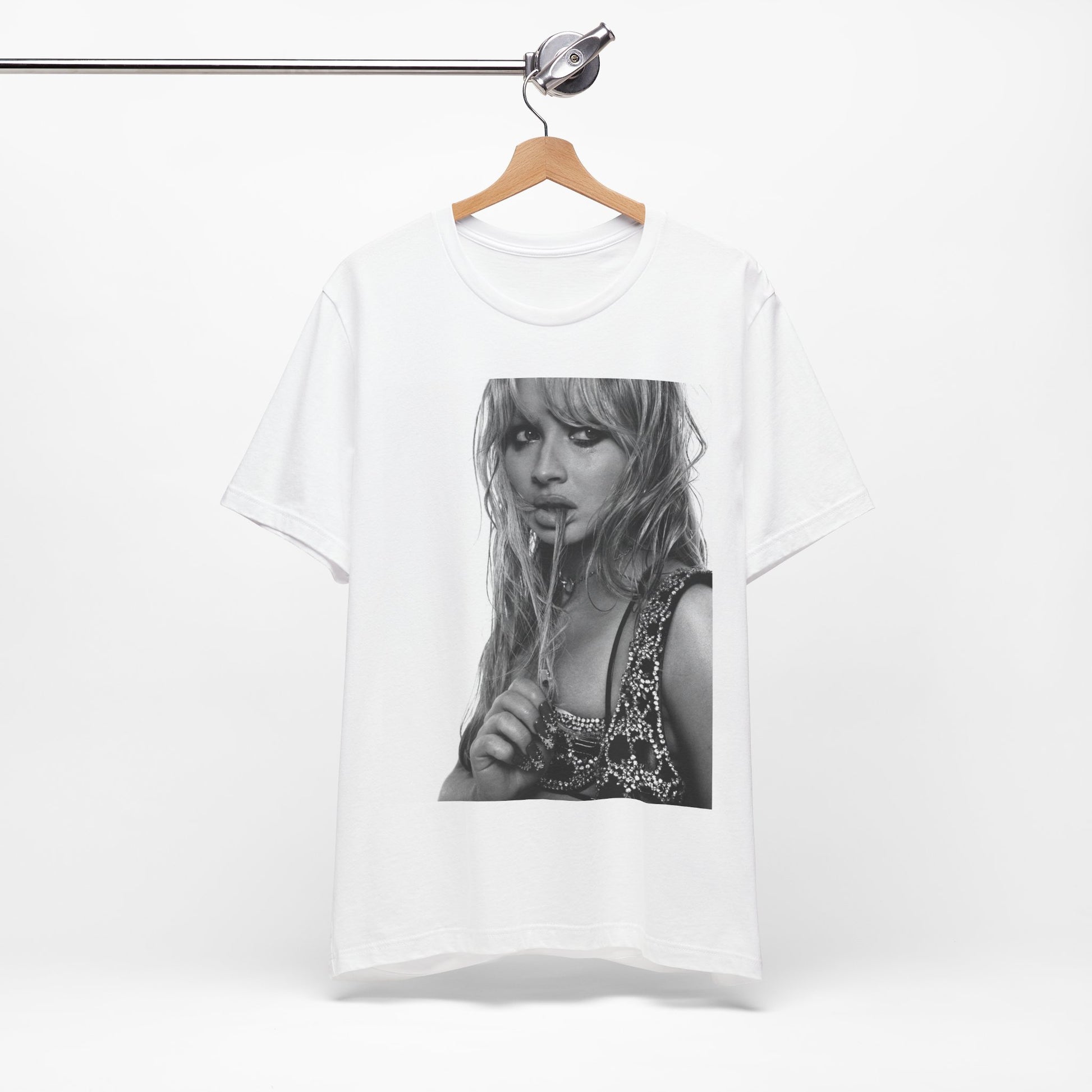 A black graphic t-shirt featuring a black and white portrait photo of Sabrina Carpenter.