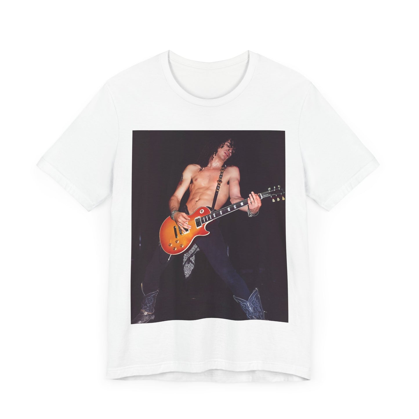 A black graphic t-shirt featuring a graphic or photo of Slash from Guns N' Roses performing live on stage.
