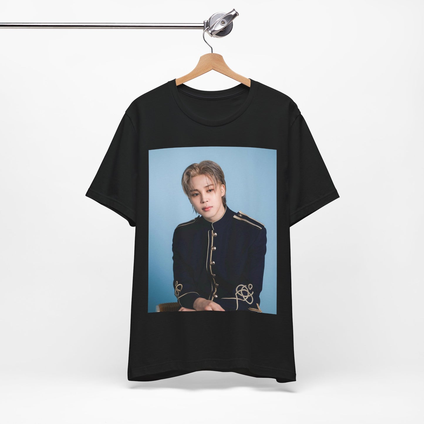 A black graphic t-shirt featuring a graphic related to Jimin's 'FACE' album era.