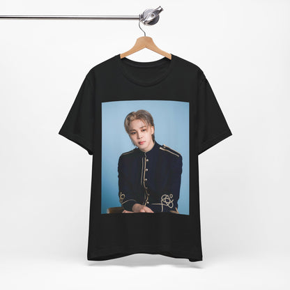 A black graphic t-shirt featuring a graphic related to Jimin's 'FACE' album era.