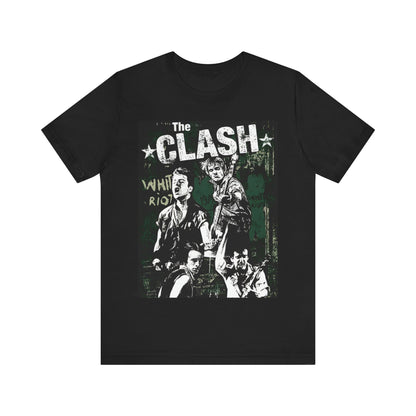 A black graphic t-shirt featuring a graphic related to The Clash's 'White Riot' song.
