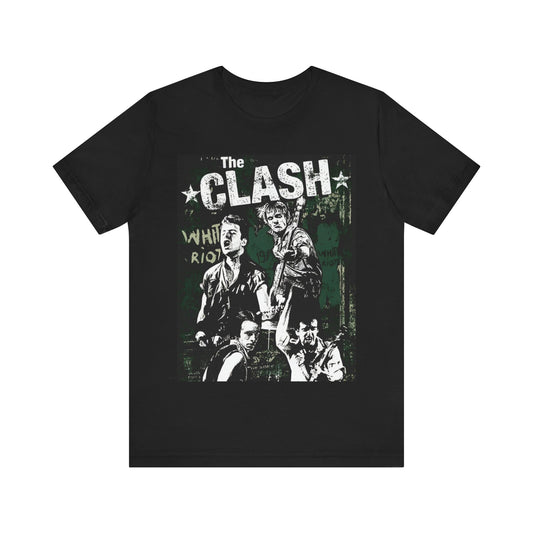 A black graphic t-shirt featuring a graphic related to The Clash's 'White Riot' song.