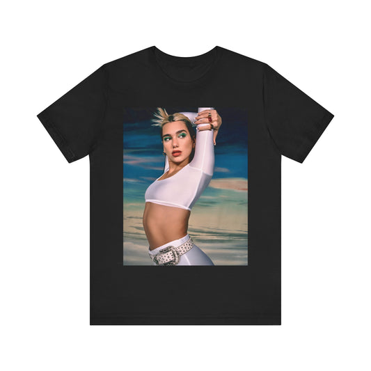 A black graphic t-shirt featuring a stylized graphic of Dua Lipa as a modern pop sensation.