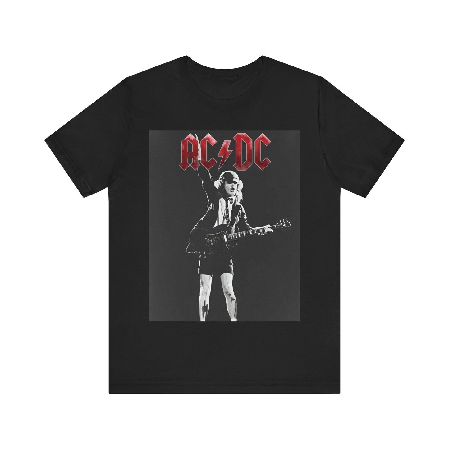 A black and white graphic t-shirt featuring AC/DC band members in a stylized, aesthetic composition, possibly with a grunge or vintage filter.