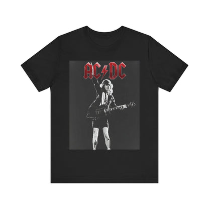 A black and white graphic t-shirt featuring AC/DC band members in a stylized, aesthetic composition, possibly with a grunge or vintage filter.
