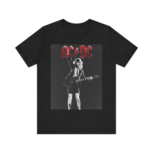 A black and white graphic t-shirt featuring AC/DC band members in a stylized, aesthetic composition, possibly with a grunge or vintage filter.