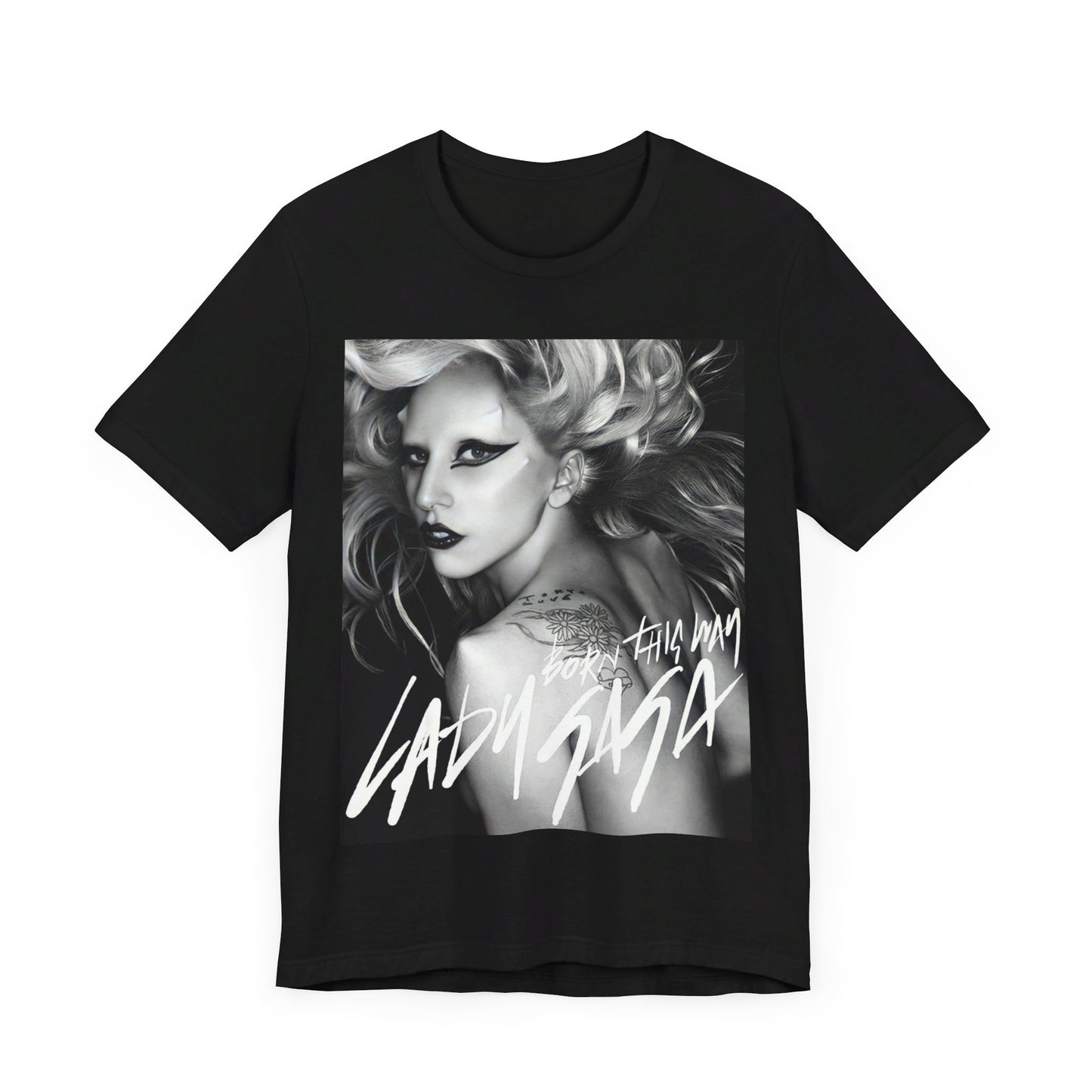 A black graphic t-shirt featuring a modern pop essential graphic of Lady Gaga.