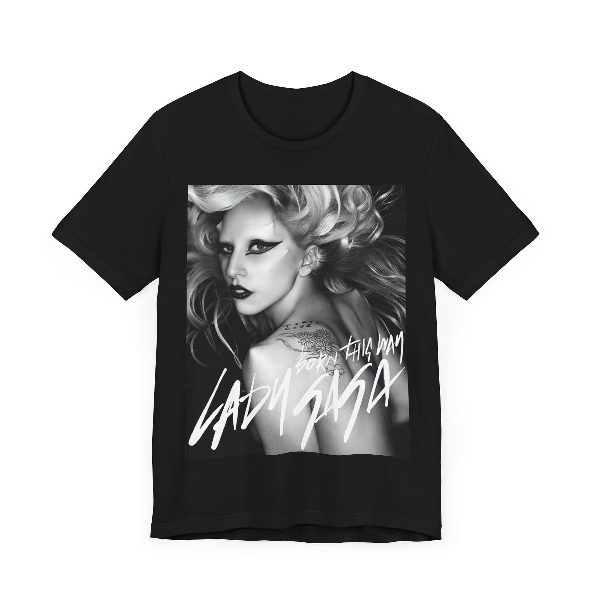 A black graphic t-shirt featuring a modern pop essential graphic of Lady Gaga.