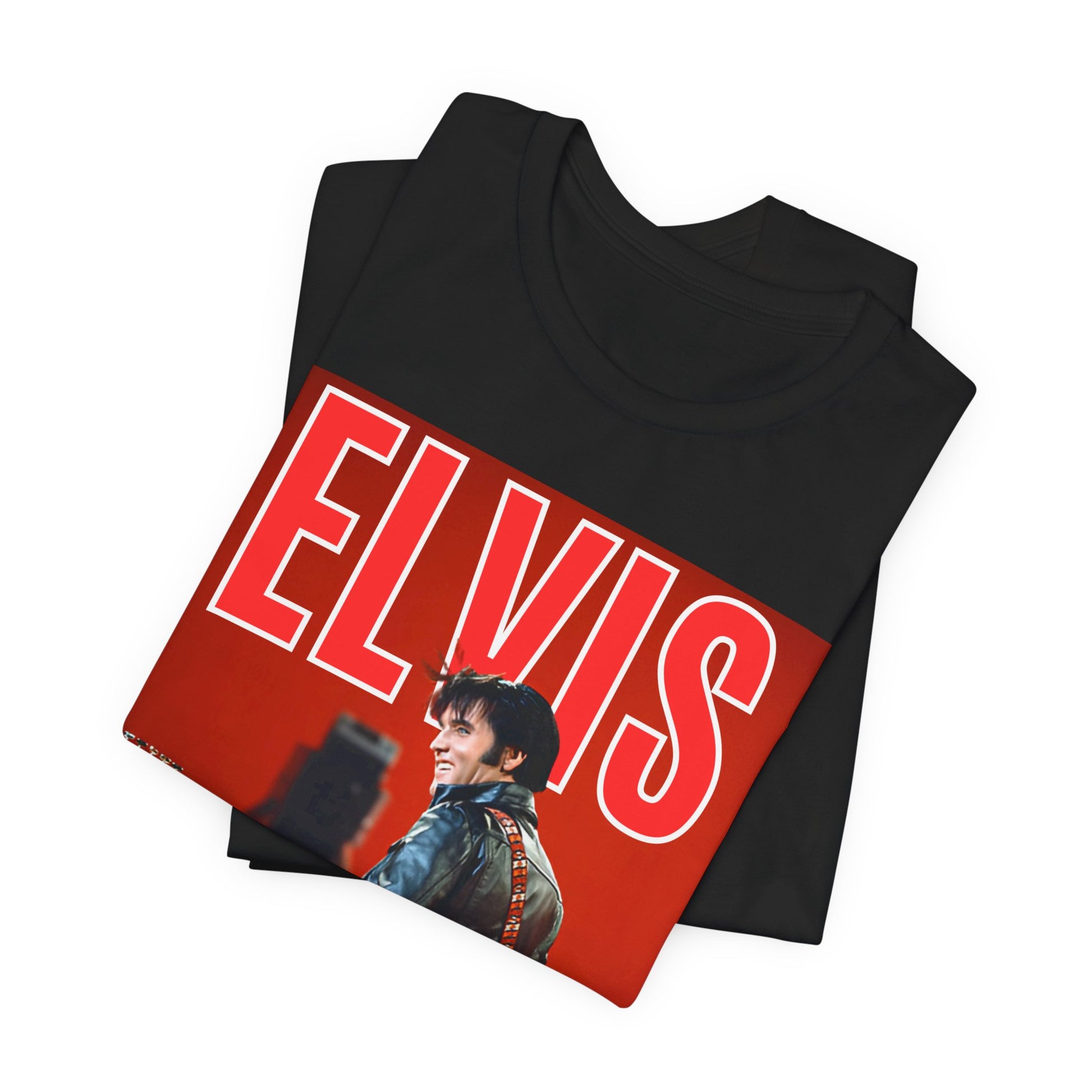 A black graphic t-shirt featuring a vintage graphic of Elvis Presley as the King of Rock 'n' Roll.