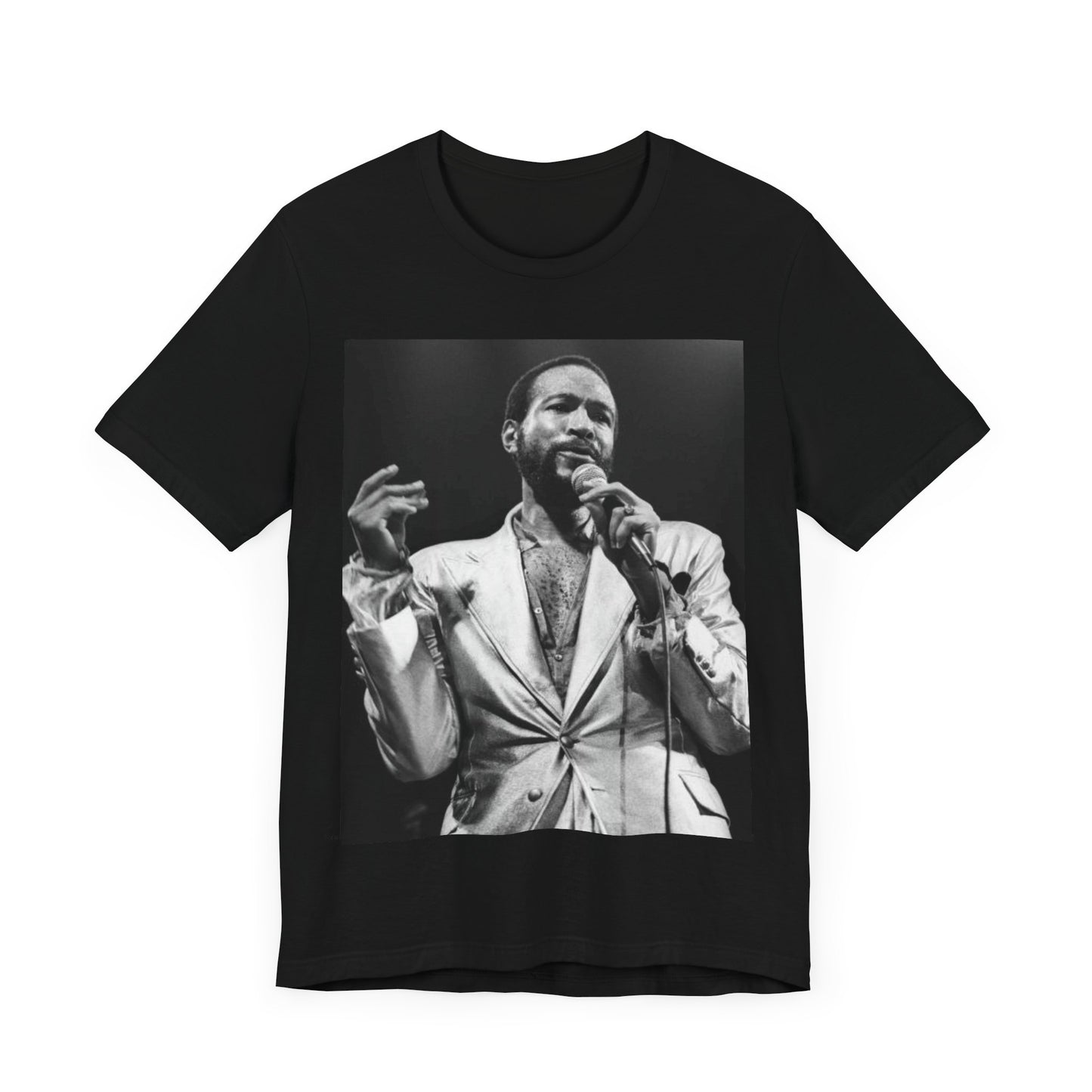 A black graphic t-shirt featuring a retro black and white photo or graphic of Marvin Gaye performing live on stage.
