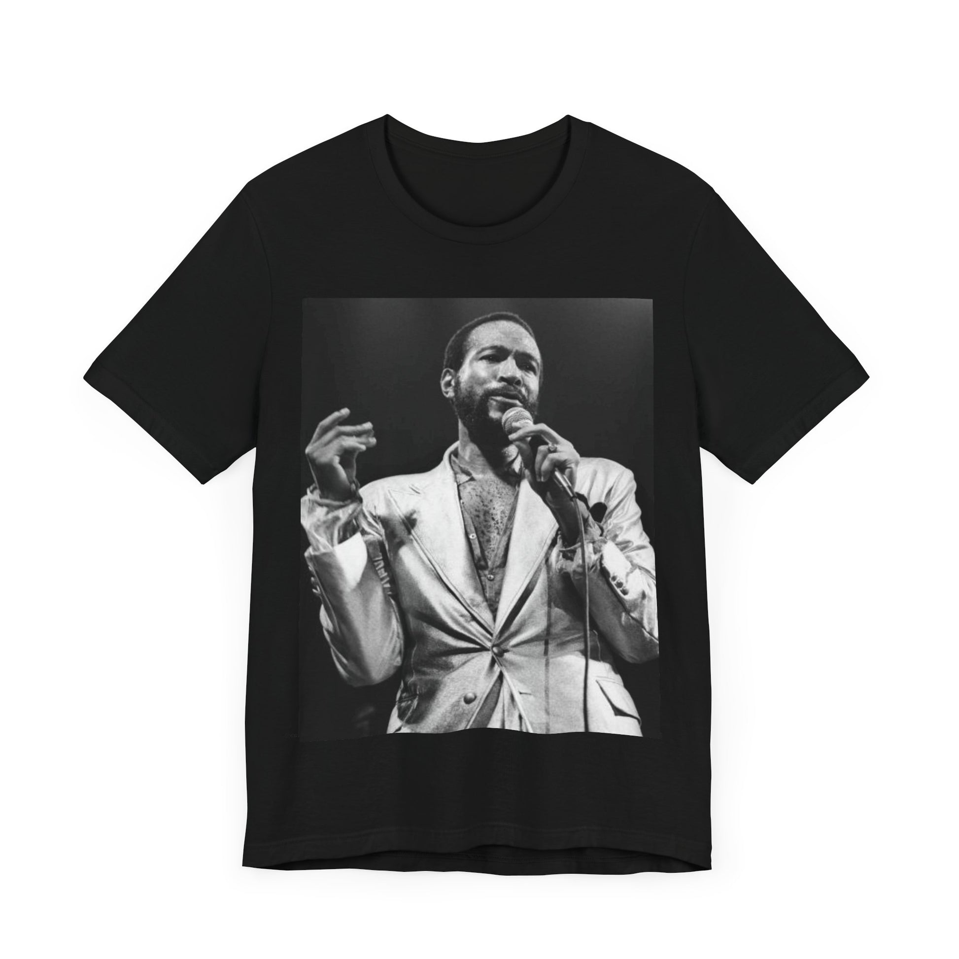 A black graphic t-shirt featuring a retro black and white photo or graphic of Marvin Gaye performing live on stage.