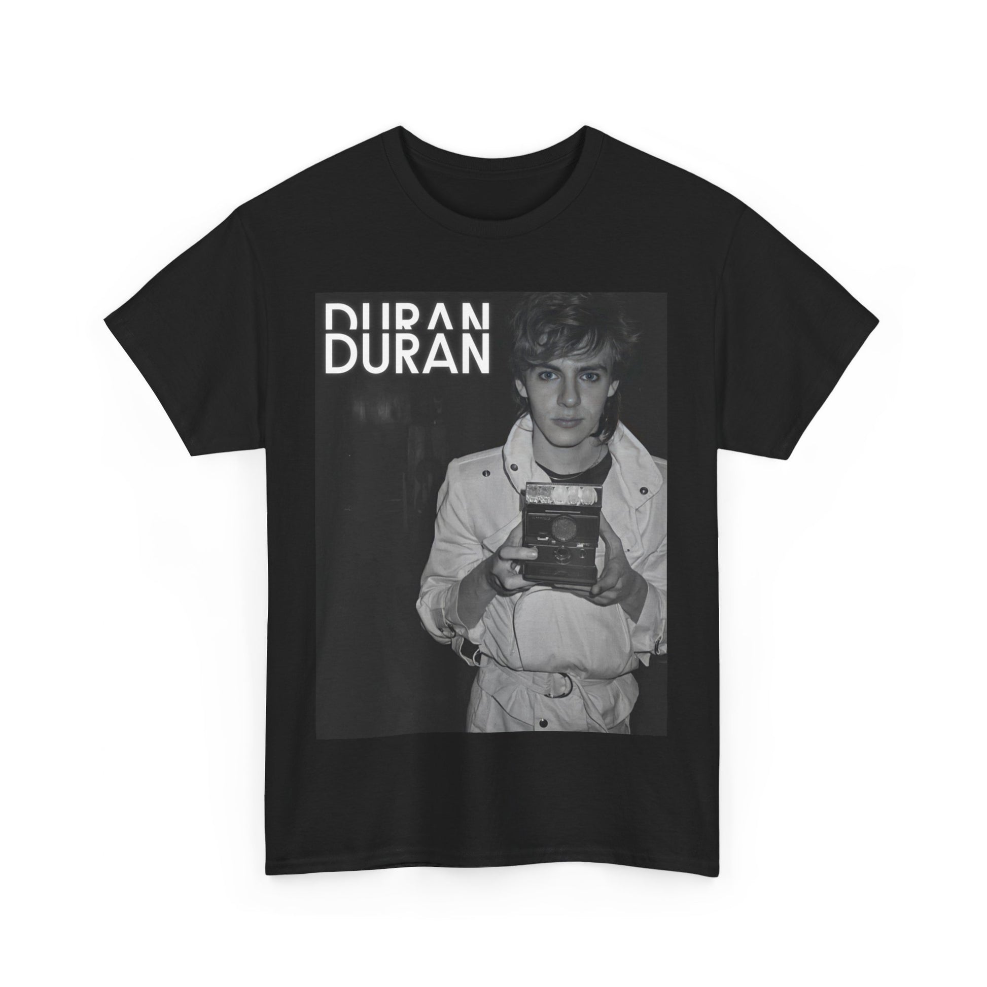 A black graphic t-shirt featuring an 80s black and white Polaroid-style photo of Duran Duran.