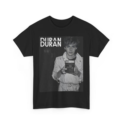 A black graphic t-shirt featuring an 80s black and white Polaroid-style photo of Duran Duran.