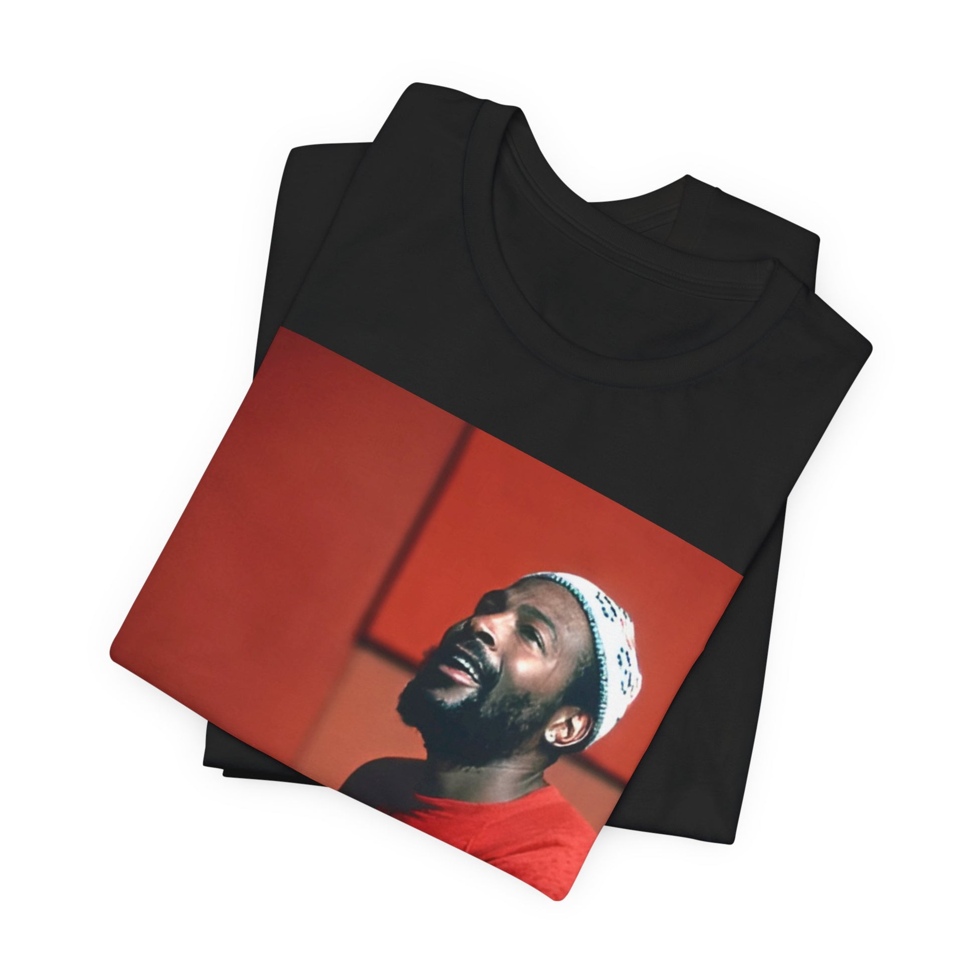 A black graphic t-shirt featuring a graphic of Marvin Gaye with a piano.