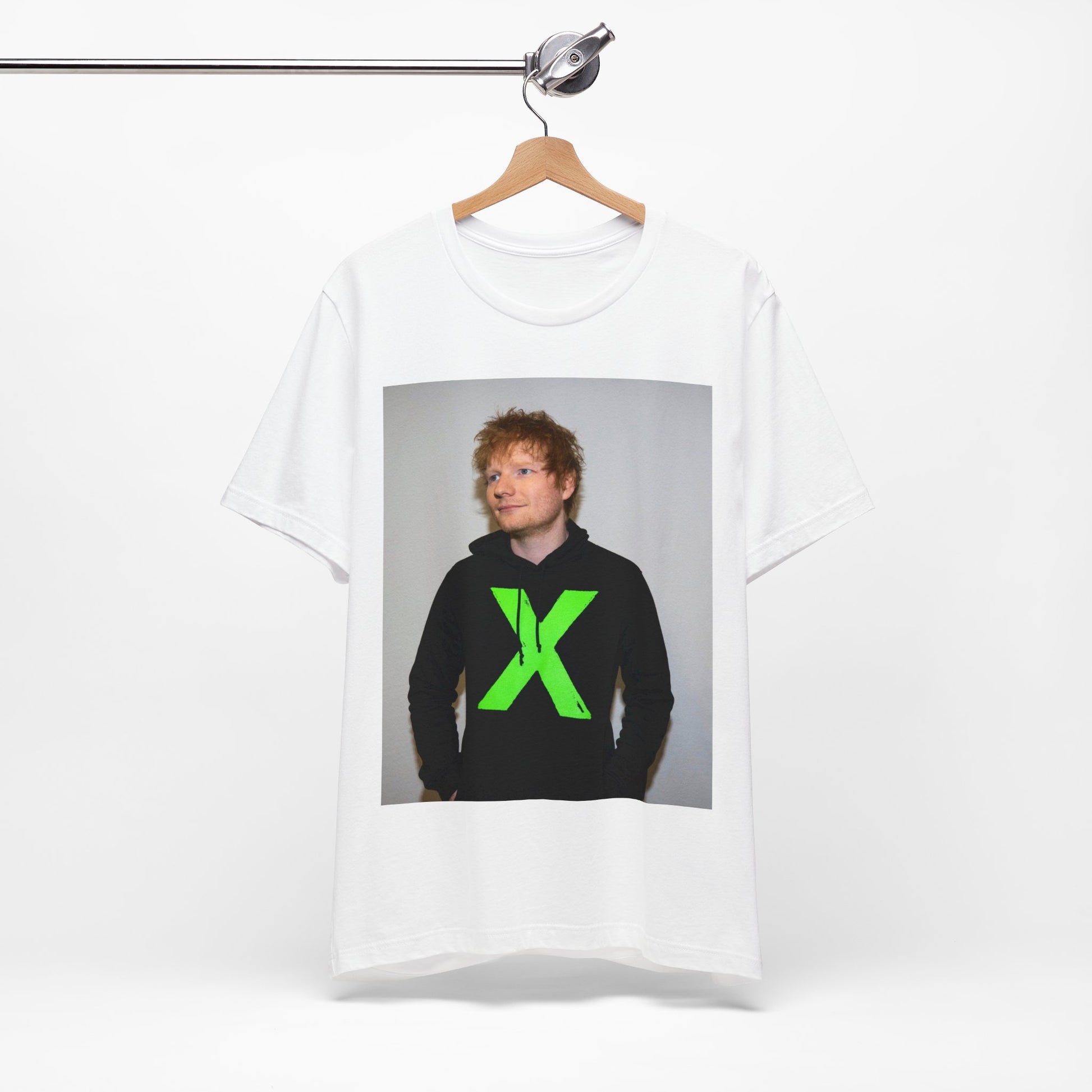 A black graphic t-shirt featuring an aesthetic graphic of Ed Sheeran related to his album 'X'.