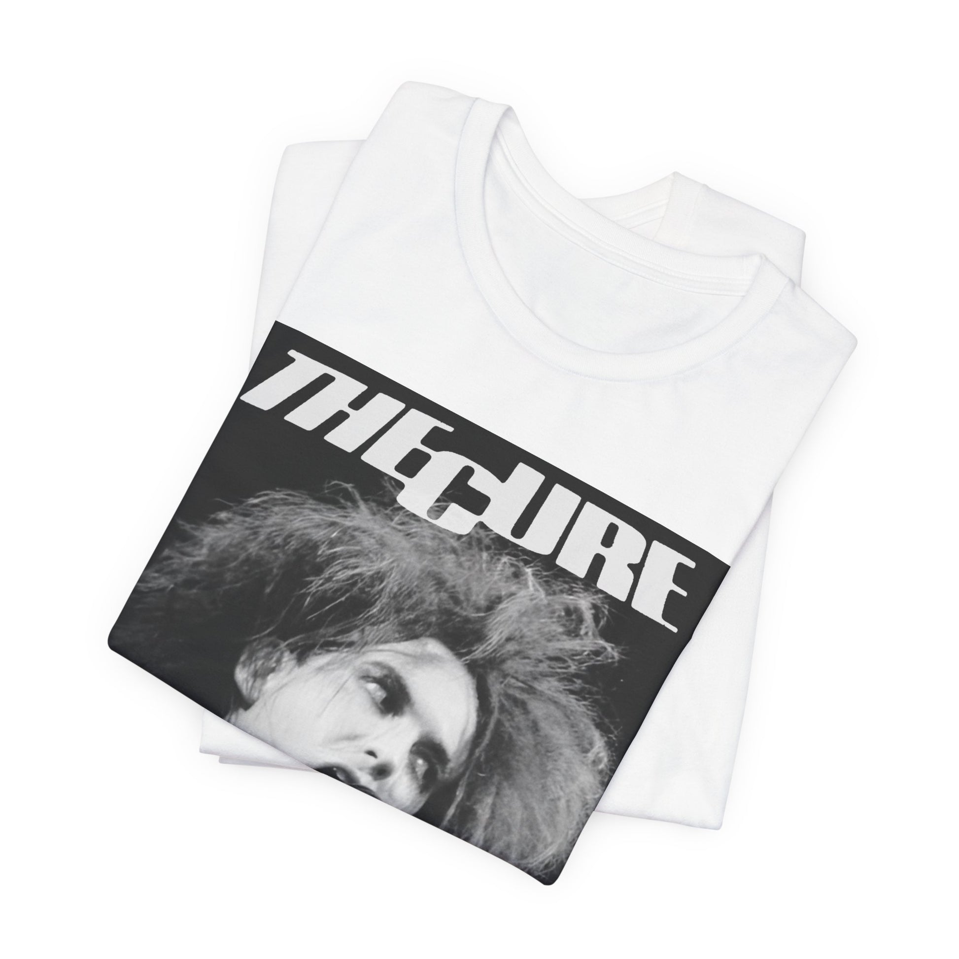 A black graphic t-shirt featuring a graphic of The Cure with a dark romanticism core aesthetic.