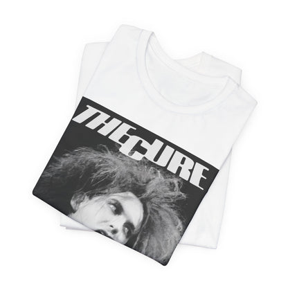A black graphic t-shirt featuring a graphic of The Cure with a dark romanticism core aesthetic.