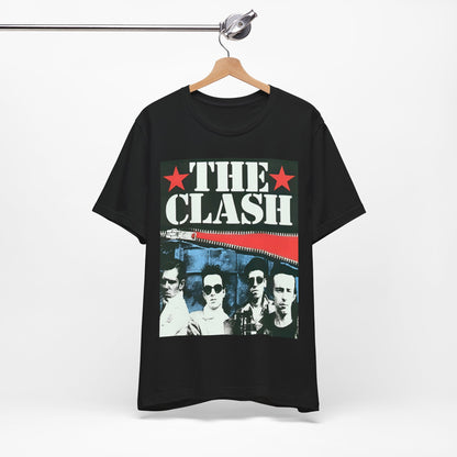 A black graphic t-shirt featuring a casual punk fan graphic of The Clash.