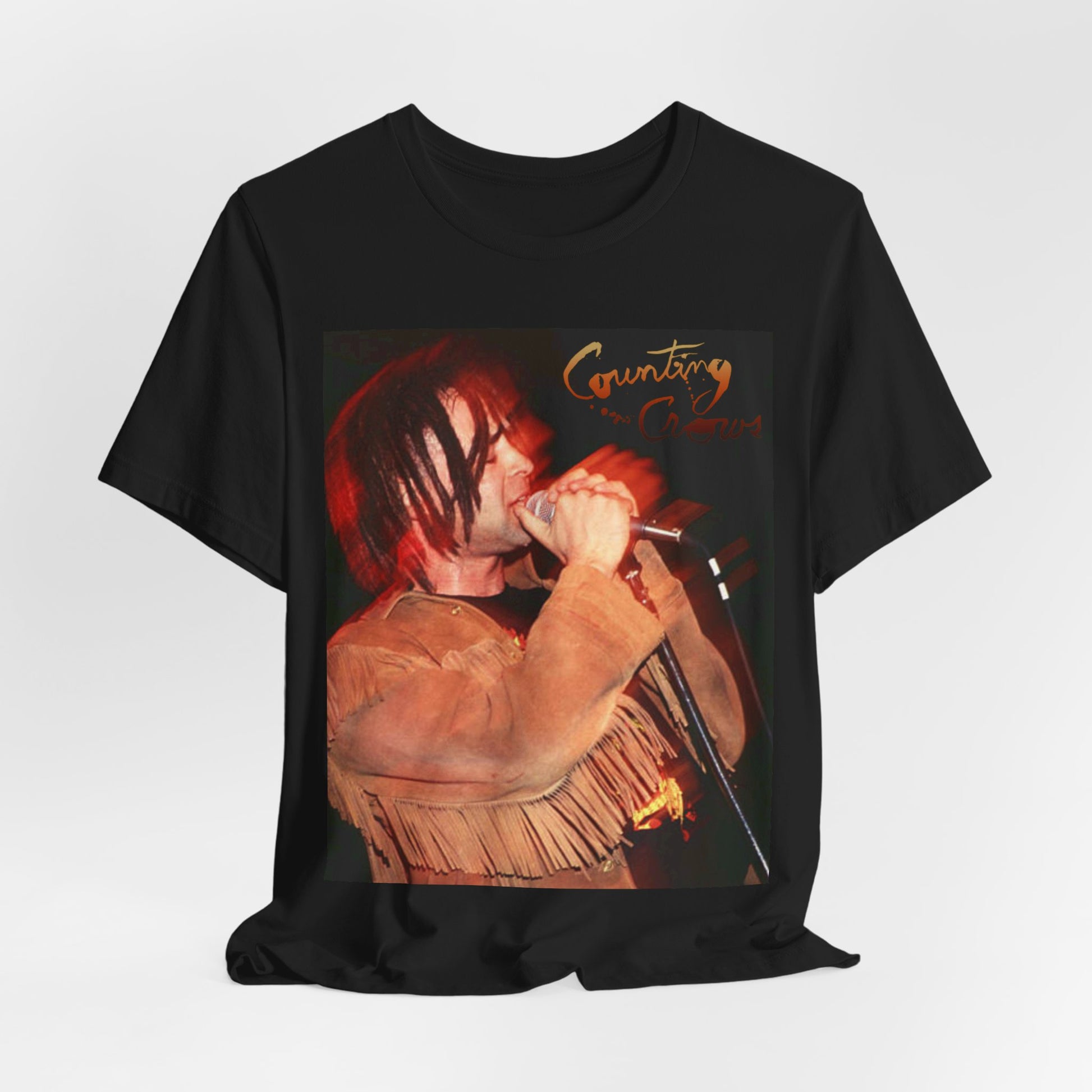 A black graphic t-shirt featuring a retro graphic related to Counting Crows' "Mr. Jones" song or era.