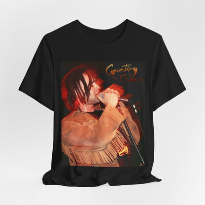 A black graphic t-shirt featuring a retro graphic related to Counting Crows' "Mr. Jones" song or era.