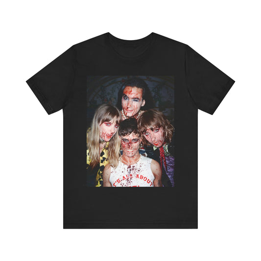 A black graphic t-shirt featuring a graphic of Maneskin celebrating their Eurovision win.